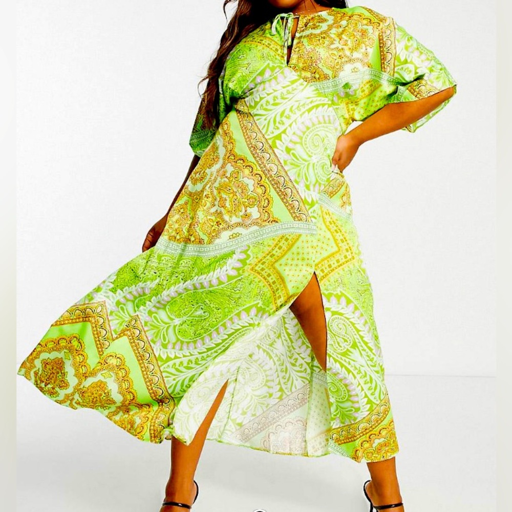 curve midi satan keyhole dress in green scarf print.